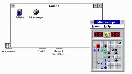 Screenshot pôvodnej verzie hry Minesweeper vo Windows 3.1 s klasickým sivým rozhraním